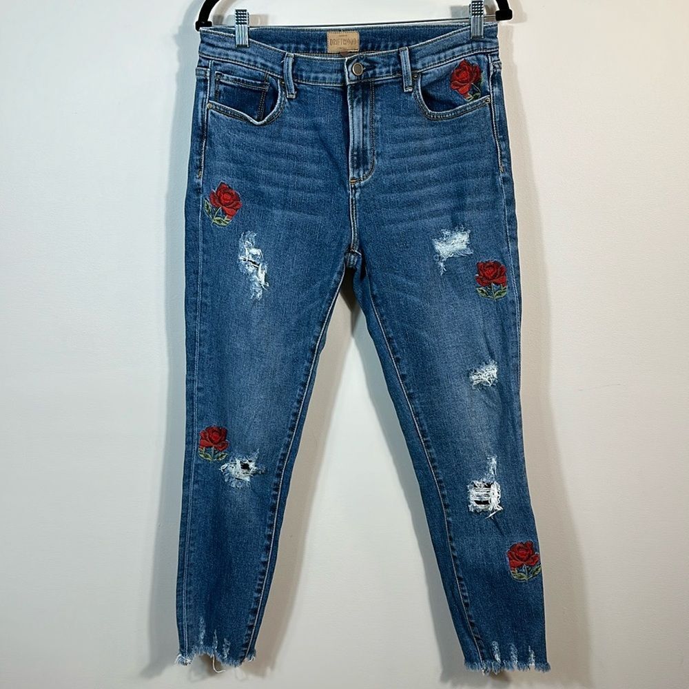 Driftwood Joyce Classic Fit W27 L27 Embroidered Floral Rose Distressed Raw Jeans